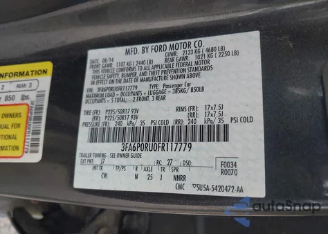 2015 Ford Fusion Hybrid Titanium z USA, uszkodzony, nr VIN 3FA6P0RU0FR117779